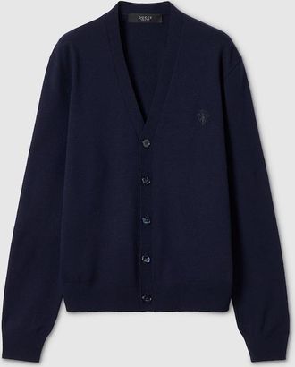 Gucci Knit Wool Cardigan With Embroidery, Size XXXL, Blue, Ready-to-wear