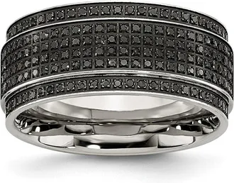 Diamond2Deal Stainless Steel Polished 1/2 Ct Black Diamond 10mm Ridged Edge Band Ring