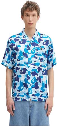 A Bathing Ape A Bathing Ape, Overhemden, Heren, Blauw, L, Polyester, ABC Camo Open Collar S/S Shirt