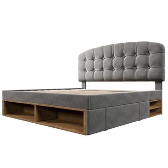 Urban Meuble Cama doble tapizada de terciopelo gris con 2 cajones y cabecero