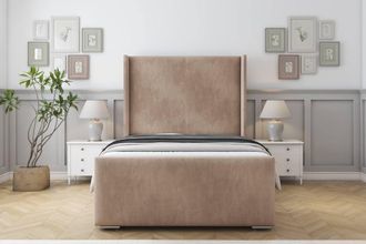 Sloomy Devonshire Naples Bed Frame With 50 Upholstered Wingback Headboard in Light Brown | Size: Double