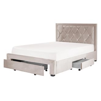 Beliani Cama Con Almacenaje De Terciopelo Beige 140 X 200 Cm Cajones Cabecero Alto Capiton&eacute; Glamuroso Lievin