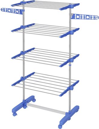 OEM Tendedero Vertical De 4 Niveles Con 6 Ruedas 2 Laterales Abatibles Estantes Ajustables Y Marco De Acero Inoxidable Azul