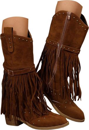 Generic Fringe Cowboy Boots for Women Mid Calf Cowgirl Boots Fashion Western Lightweight Outdoor Shoes Fashion Non Slip Pointed Toe Shoes
