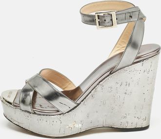 Jimmy Choo London Silver Leather Crisscross Strap Wedge Sandals