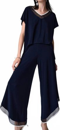 Joseph Ribkoff Mesh Insert Wide Leg Jumpsuit In Midnight Blue/vanilla