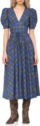 Avec Les Filles Plaid Puff Sleeve Tie Belt Stretch Cotton Midi Dress in Olive And Blue Plaid at Nordstrom Rack, Size 2