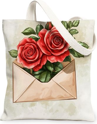 Generic Rose Canvas Tote Bags, Floral Design Reusable Grocery Bags, Spring Vintage Lightweight Washable Shoulder Strap Canvas for Travel Beach Picnic 13x15 In