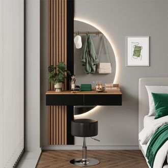 Vicco Tocador Melina, Roble/negro, 100 Cm Con Espejo Led Y Taburete, Vicco