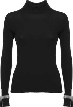 D.exterior Black High Neck Ribbed Embellished Cuffs Wool Sweater