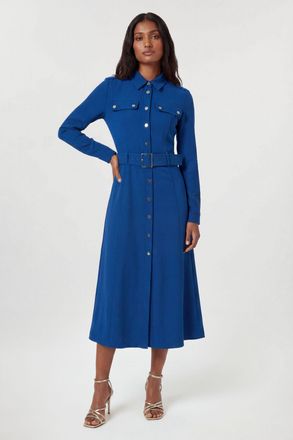 Karen Millen Womens Tailored Belted Midi Shirt Dress - Blue - Size 14 UK