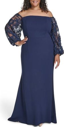 Eliza J Off the Shoulder Lace Long Sleeve Gown in Navy at Nordstrom, Size 16W