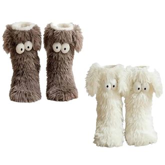 Generic Muffle Friends Cozy Socks, Womens Winter Fuzzy Non-Slip Slipper Socks with Cute Big Eyes, Ultra Soft Warm Home Socks (Gray+White)