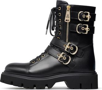 Loriblu Straped Calfskin Combat Enkellaarsjes - Dames - Veterlaarzen - Zwart - 37 EU - Leer - Schoenen