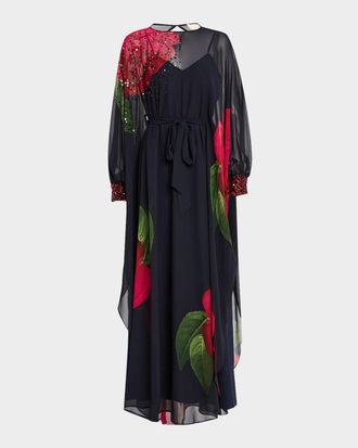 Sachin & Babi Gilda Floral-Print Chiffon Cape Gown
