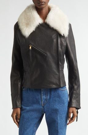 Balmain Genuine Shearling Collar Leather Biker Jacket in Ecru/jet Black/Natural at Nordstrom, Size 10 Us