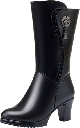 Generic Winter Womens Winter Fashion High Heel Zipper Mid Calf Boots Classic Outwear Thick Heel Mesh Breathable Cool Design Knee High Boots (Black, 4. 5)