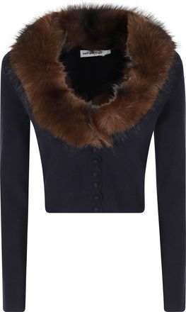 Self Portrait Blue Faux Fur Trimmed V-Neck Wool-Blend Cardigan