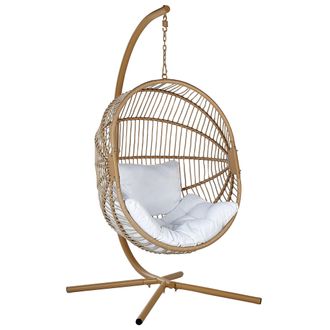 Beliani Beliani - Silla Colgante Con Soporte De Rat&aacute;n Beige Blanco Ovalada Estructura Metal Acri