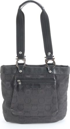 Ferragamo Black Leather Canvas Handbag Shoulder Bag Tote Bag (Pre-Owned)