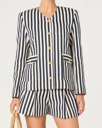 Astr Womens Stripe Blazer In Cream & Navy