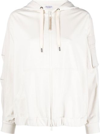 Brunello Cucinelli jersey-knit drawstring zipped hoodie - women - Cotton/Eco Brass/Spandex/Elastane - L - Neutrals