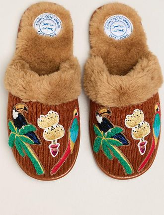 Farm Rio Wool Blend Faux Fur Slippers