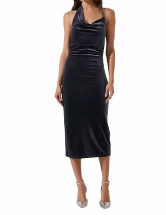 Astr Eugenie Velvet Midi Dress In Grey Blue