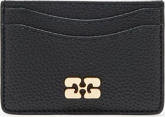 Ganni Black Card Holder in Grained with Gold