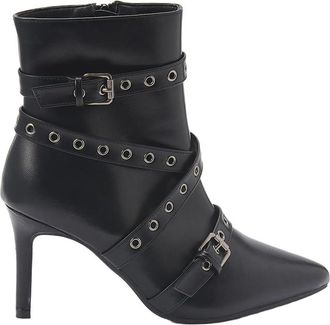 Kor&ouml;shi Womens Black Leather Effect Ankle Booty, Stylized Toe, Decorative Ribbons and Buckles, 9 cm heel and Short Hair Effect Inner Lining., Black/White, 8.5