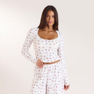 Lounge Christmas Cottage pointelle pyjamatop - Witte Print - XXL