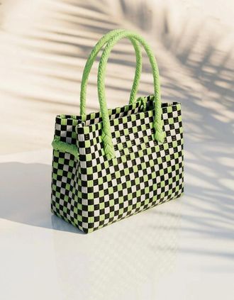 Oceanus Womens Riviera Lime Check Tote Bag - Green