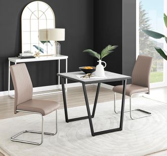 Furniturebox Carson White Marble Effect Square Dining Table & 2 Faux Leather Lorenzo Chairs in Beige