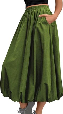 Generic Flodxo Womens Skirts Elastic Waist Boho Summer Dresses with Pockets Elegant Casual Bubble Maxi Skirt Y2K Balloon Ruffle Hem Puff A Line Dress for Goin