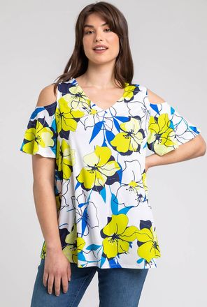 Roman Floral V-Neck Cold Shoulder Tunic Top
