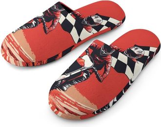 Generic Motocross Racing Flag Dirt Bike Flannel Mens Slip-on Slippers Winter Warm House Shoes with Rubber Sole for Home Hotel