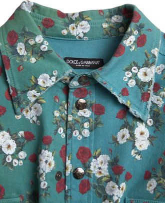 Dolce & Gabbana Mens Blue Floral Cotton Button Down Denim Shirt