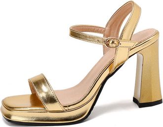 Generic Womens Strappy High Heeled Wedding Pumps Open Toe Slingback Bridal Sandals Chunky Block Heel Platform Party Prom Shoes,Gold,2.5 UK