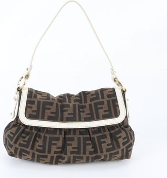 Fendi Brown White Leather Canvas Handbag Shoulder Bag Tote Bag (Pre-Owned)