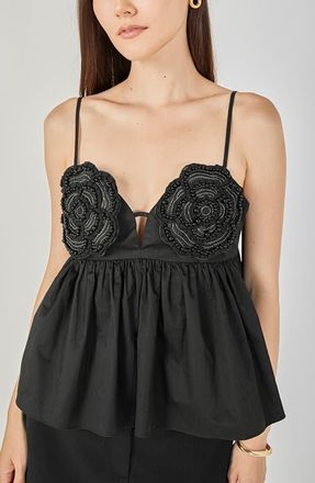endless rose Floral Appliqu Babydoll Top in Black at Nordstrom, Size X-Small