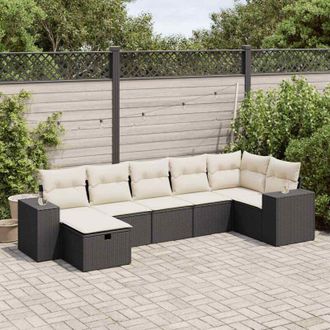 vidaXL Vidaxl - Set De Sof&aacute;s De Jard&iacute;n 7 Pzas Con Cojines Rat&aacute;n Sint&eacute;tico Negro