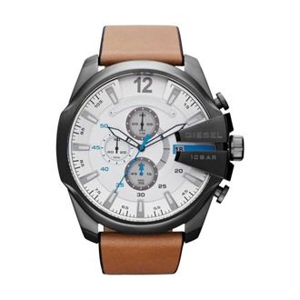 Diesel Accessoires, Heren, Grijs, ONE Size, Leer, Mega Chief Dz 4280 Chronograaf Horloge