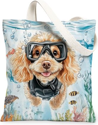 Generic Pop Art Cairn Terrier Dog Canvas Tote Bag for Shopping 13x15, Ocean Sea Nautical Puppy Reusable Grocery Print Bag for Women, Fun Pet Beach Aesthetic P