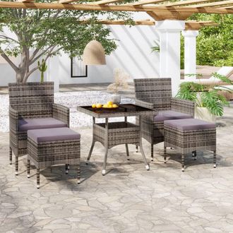 vidaXL Set Comedor Jard&iacute;n 5 Pzas Rat&aacute;n Sint&eacute;tico Vidrio Templado Gris Vidaxl