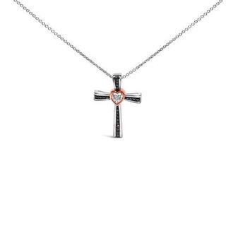 House of Brilliance 14K Rose Gold Plated Sterling Silver Black Rhodium Diamond Accent Heart Cross Pendant Necklace in White Gold Over Silver at