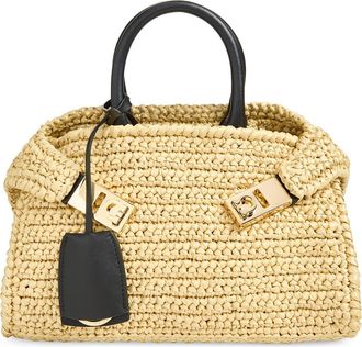 Ferragamo Mini Hug Crochet Raffia Top Handle Bag in Naturale/nero at Nordstrom