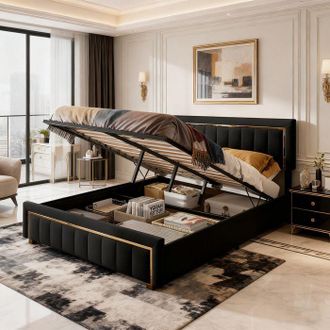 OEM Estructura De Cama Con Arc&oacute;n 160x200 Cm Terciopelo Negro Con Borde Dorado - Somier De Lamas, Almacenamiento Abierto, Contempor&aacute;neo