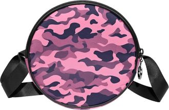 Generic Circle Crossbody Bag for Women, Pink Camouflage Small Sling Bag Daypack with Zipper Adjustable Shoulder Straps Casual Ladies Girls Round Purse