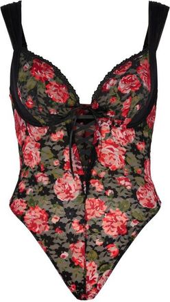 Savage x Fenty Sinful Rose Lace Teddy in Black Caviar Rosy Passions at Nordstrom, Size X-Large