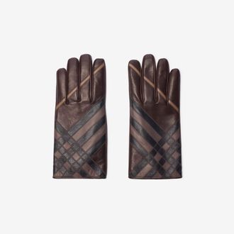 Burberry Check Intarsia Leather Gloves, Size: 7.5
